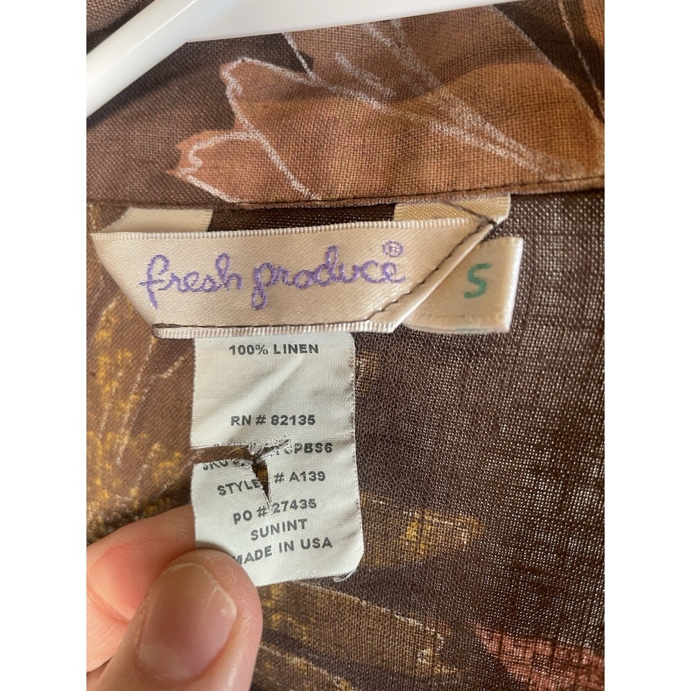 Fresh Produce Linen Button Up Shirt Small Brown Floral Beach Vacation Blouse Top - Picture 9 of 9
